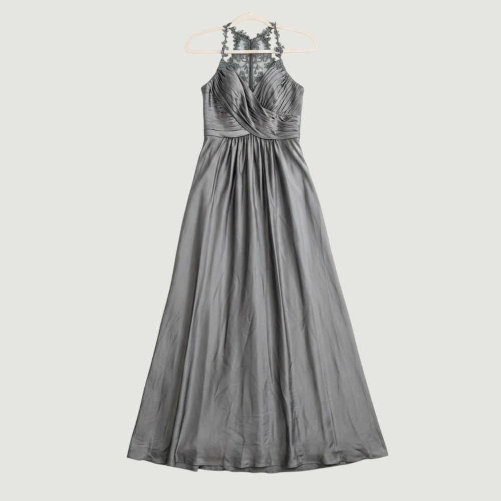 Belsoso Formal Maxi Dress Women Size 8 Gray Lace Halter Ruched Bridesmaid Gown